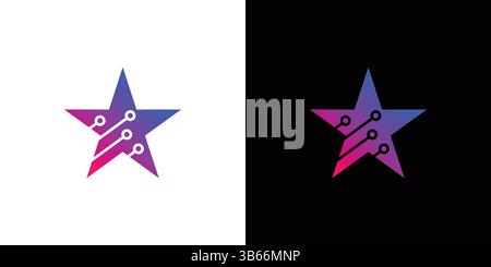 A modern star logo featuring a gradient color scheme and circuit design, displayed on contrasting backgrounds. Ideal for technology, innovation, and d Stock Vector