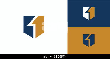 The One Shield logo design is modern and strong with a dominant dark blue color accent. Stock Vector
