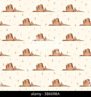 Arizona Desert seamless pattern. Landscape with mountains, starry sky vector hand drawn ornate illustration. Colorful cartoon wild west scenery Stock Vector