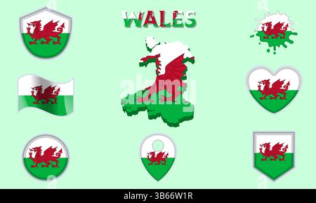 Collection of flags and coats of arms of Wales in flat style with map and text Stock Vector