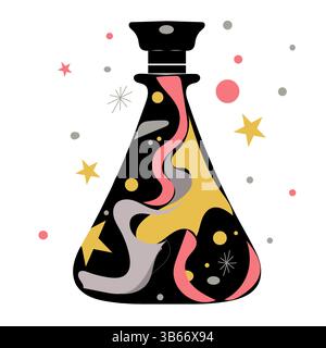 oil dispenser bottle in memphis retro style, funky shape with swirls, squiggles, stars and geometric pattern overlay, flat vector with bold outlines a Stock Vector