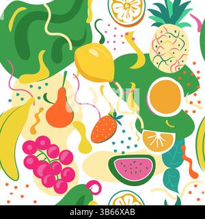Groovy seamless fruit pattern, juicy pear grape lemon pineapple crop isolated Stock Vector
