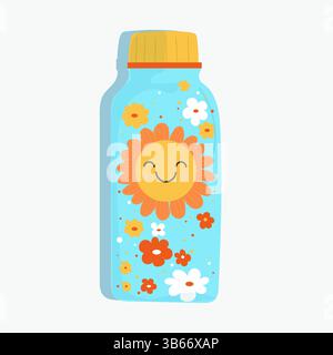 Colorful reusable water bottle with flower design and smiling sun, groovy hydration element, flat vector Stock Vector