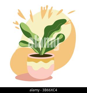Boho plant pot with wavy decor and sunshine around, flat vector, eco minimalist style Stock Vector