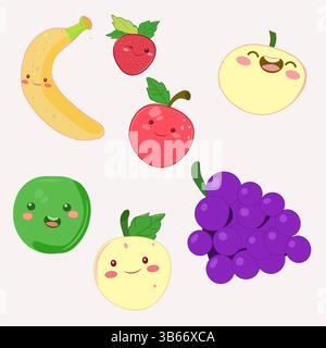 Set of kawaii fruits smiling isolated, banana grapefruit, apple, strawberry cartoon style vector flat Stock Vector