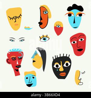 collection of abstract memphis style faces and characters, surreal shapes, bold outlines, quirky and artistic, vector flat illustration on white backg Stock Vector
