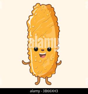 Vector flat illustration of Korean street corn dog, crispy battered stick with cheese pull,cartoon snack style, cute and fun presentation, vector flat Stock Vector