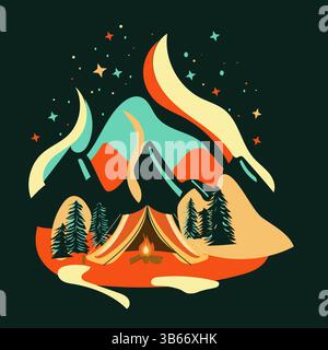 Groovy style illustration camping in the mountain in the night, bright colored illustration flat vector Stock Vector