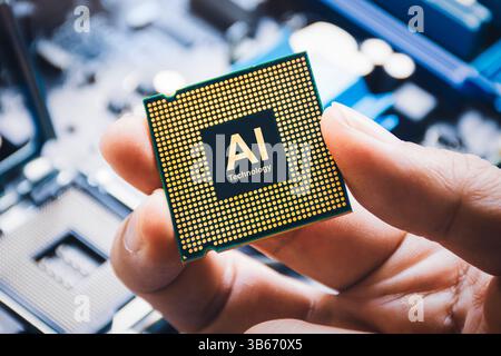 AI chip processor prototype, A hand holds a microchip labeled "AI Technology" suggesting artificial intelligence processing, machine learning. Stock Photo