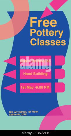 Colorful flyer promoting free pottery classes. It highlights two key aspects: basic techniques and hand-building. Stock Vector