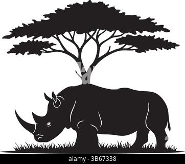Rhino Silhouette Vector: Standing Under Acacia Tree in Savanna Grass Stock Vector