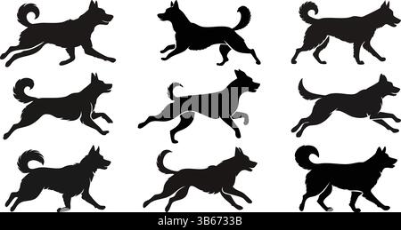 Dog Silhouettes Vector Set, Editable Black Canines in Various Poses Stock Vector