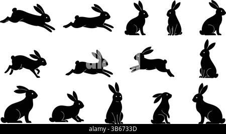 Vector set of black silhouettes of rabbits in various poses. Shadows of ...