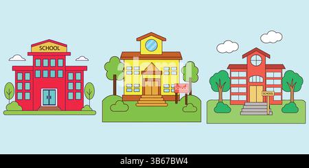Colorful Cartoon School Buildings for Educational Design Stock Vector