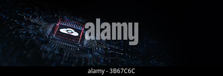Cloud Enabling Scalable Solutions for Data Storage Illustrated on a Processor Touched by a Human Hand. Stock Photo
