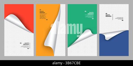 Vector illustration. Realistic curled glossy paper with rounded corners. Colorful backgrounds set. Folded sticker elements for social networks stories Stock Vector