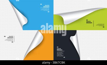 Vector illustration. Realistic curled glossy paper with rounded corners. Colorful backgrounds set. Folded sticker elements for web banner, video Stock Vector