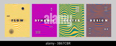 Vector illustration. Set of wavy line patterns with dynamic waves. Minimal design for poster, book cover, magazine, report, flyer, layout. Liquid Stock Vector