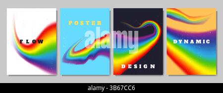 Vector illustration. Modern art graphic. Dynamic rainbow spectrum flow. Flowing gradient colorful wave with scratched texture. Design elements Stock Vector
