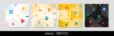 Vector illustration. Abstract vibrant color background set. Cool bright wallpapers with memphis pattern shapes and halftone dots. Design elements Stock Vector