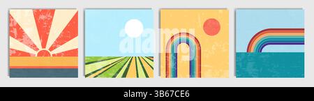 Vector illustration. Mid century modern graphic. 30s retro funky graphic with grunge overlay texture. Minimalist landscape background set. Boho style Stock Vector