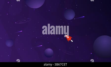 Vector illustration. Universe exploration concept. Red rocket flies through purple space with stars and planets. Outer space panoramic wallpaper Stock Vector