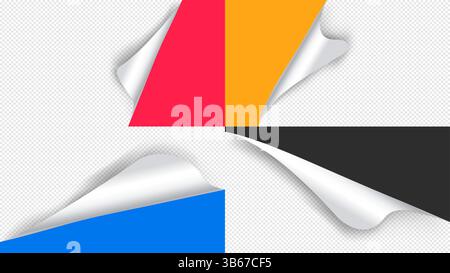 Vector illustration. Realistic curled glossy paper with rounded corners. Colorful backgrounds set. Folded sticker elements for web banner, video Stock Vector
