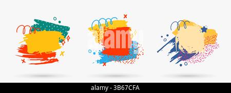 Vector illustration. Bright color dynamic banners set. Modern art graphic. Brush strokes with doodle childish elements. Design elements for poster Stock Vector
