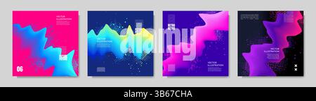 Vector illustration. Modern art graphic. Dynamic bright flow elements with paint splash and halftone dots. 3d flowing gradient colorful wave. Design Stock Vector