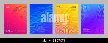 Vector illustration. Vibrant set of wavy line patterns with dynamic color gradients. Minimal design for poster, book cover, magazine, report, flyer Stock Vector