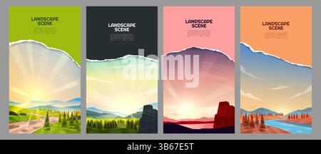Vector illustration. Scenic landscape with torn paper effect. Colorful nature backgrounds with mountains, forests, rivers and colorful cler sky Stock Vector