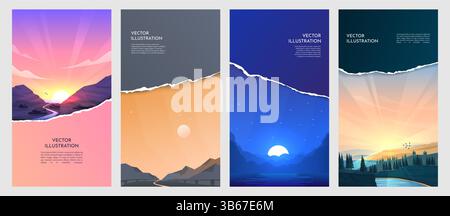 Vector illustration. Scenic landscape with mountains, forests, rivers and clear sky. Ripped paper with realistic shadow effect. Tranquil nature view Stock Vector