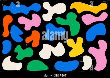 Vector illustration. Abstract fluid shapes, bright colors and dynamic composition. Groovy aesthetic background. Simple liquid drawn blots Stock Vector