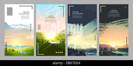 Vector illustration. Scenic landscapes set. Mountains by lake, woodland and clear sunny sky. Brush stroke overlay background. Design template Stock Vector