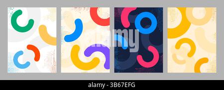 Vector illustration. Abstract vibrant color background set. Cool bright wallpapers with semi circle shapes and halftone dots. Design elements Stock Vector