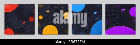 Vector illustration. Abstract space background with geometric planets, rockets, and stars. Futuristic cosmic design with dynamic paths Stock Vector