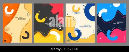Vector illustration. Colorful geometric background with fluid shapes, halftone dots and dynamic composition. Design elements for cover, brochure Stock Vector