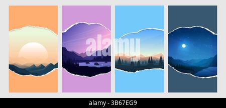 Vector illustration. Scenic landscape with mountains, forests, rivers and clear sky. Ripped paper with realistic shadow effect. Tranquil nature view Stock Vector