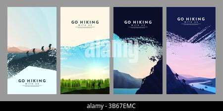Vector illustration. Travel concept of exploring and observing nature. Hiking and adventure tourism background with brush stroke overlay and halftone Stock Vector