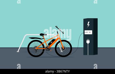 E-bike with charging station, Electric cycle charging on the charging station. Stock Vector