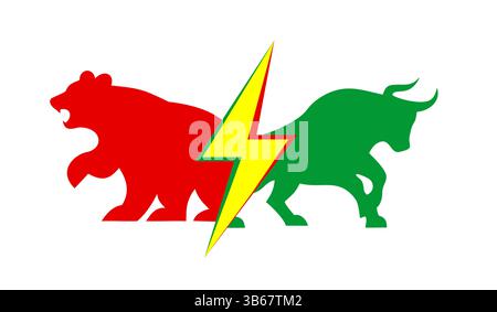 Green Bull and Red Bear Separated by Lightning, Stock Market Volatility Icon Concept. Stock Vector