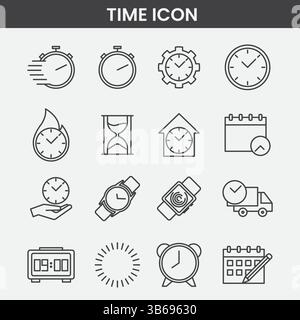 Minimalist Time Icons Set, Black and White Line Art Vector Illustrations for Clocks and Scheduling Stock Vector