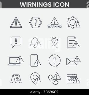 Minimalist Warning and Alert Icons, Black and White Line Art Vector Set for UI and Safety Design Stock Vector