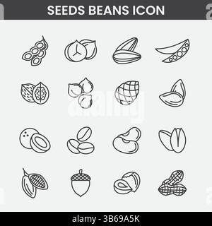 Minimalist Black and White Icons of Seeds, Beans, Nuts, and Grains, Simple Line Illustrations for Food and Botanical Design Stock Vector