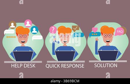 Flat vector illustration of Customer service concept.Set of Flat character. Helpdesk, quick response, customer support and solution service Stock Vector