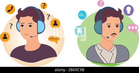 Call center set. Male characters work in office. Helpdesk, hotline,customer support service concept. Vector illustration. Stock Vector