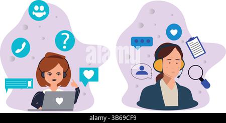 Call center set. Female characters work in office. Helpdesk, hotline, customer support service concept. Vector illustration Stock Vector