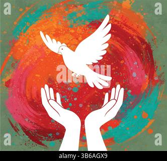 White hands release a dove against a textured, colorful circle Stock Vector