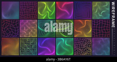 Colorful wireframe shapes, lined perspective mesh, 3d grid. Low poly geometric elements. Retro futuristic design elements, y2k, vaporwave and Stock Vector