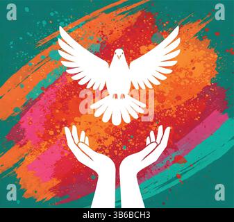 A white dove ascends from outstretched hands against a colorful backdrop Stock Vector